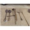 Image 1 : Various Yard/ Farm Tools ; Hay Forks, Spades, Post Hole Cleaner, Cultivators