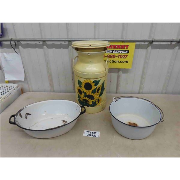 Decorative Painted Cream Can, 2 Enamel Pots