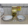Image 1 : Decorative Painted Cream Can, 2 Enamel Pots