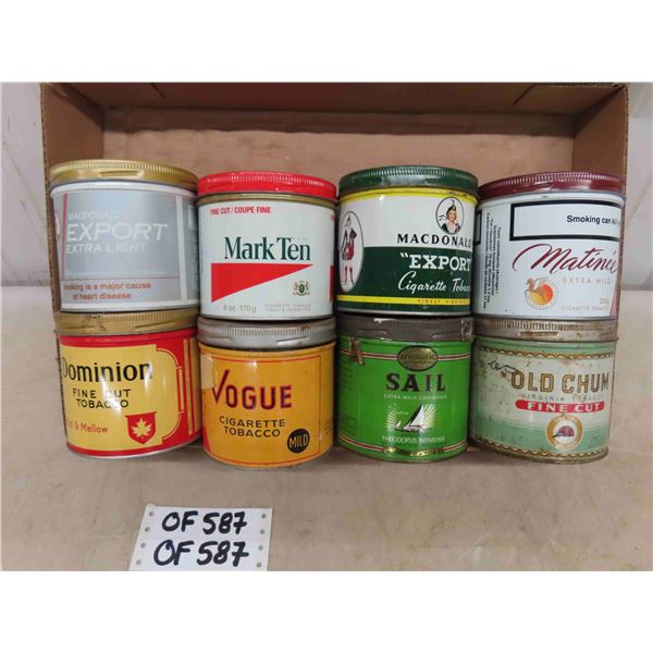 Lot of 8 Vintage Tin Tobacco Tins ; Export, Old Chum, Vogue, Mark 10, plus others