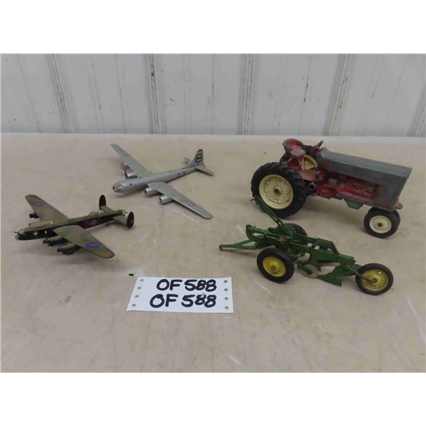 Die Cast IH Tractor, John Deere Plow, 2 Cast Airplanes