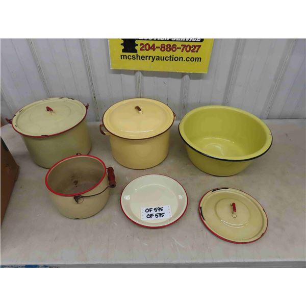 Assorted Yellow Enamel Ware ; Buckets, Pots, Lids, plus more
