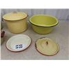 Image 6 : Assorted Yellow Enamel Ware ; Buckets, Pots, Lids, plus more