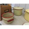 Image 7 : Assorted Yellow Enamel Ware ; Buckets, Pots, Lids, plus more