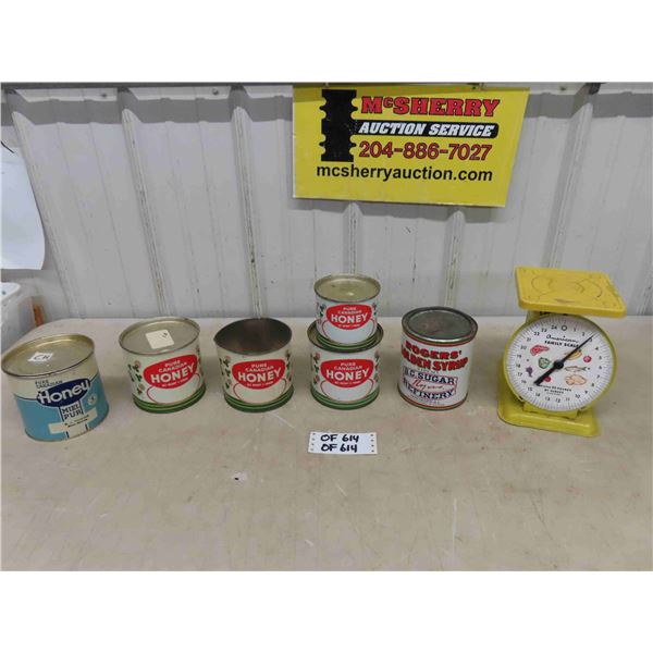 6 Vintage Honey Tins + Household Scale