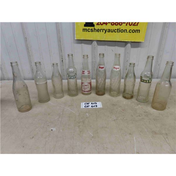10 Assorted Pop Bottles ; Pepsi, Crush, Coke, plus others