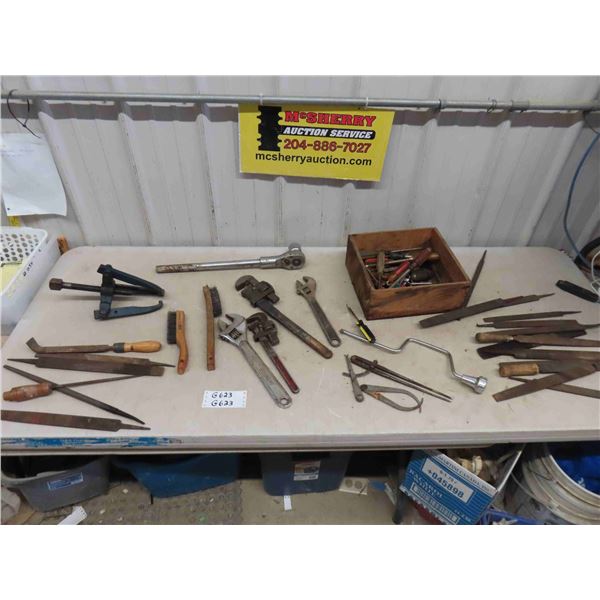 Assorted Files, Pipe Wrenches, Screwdrivers, 3/4'' Drive Ratchet,