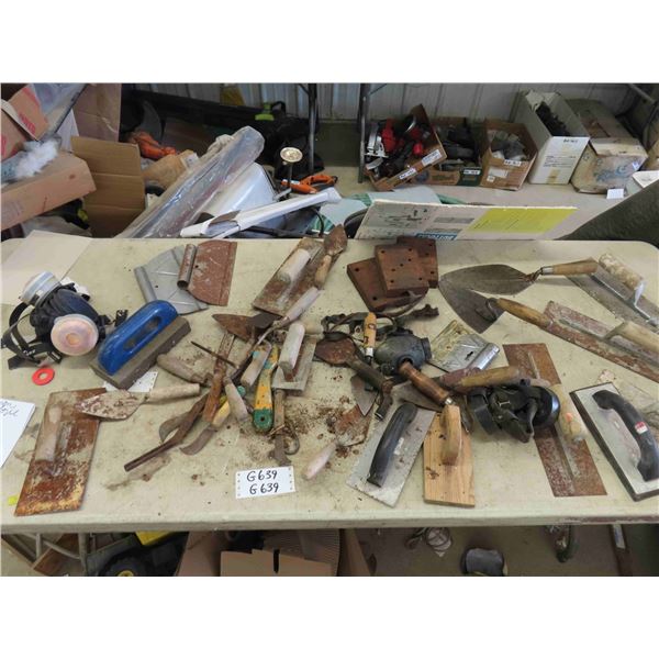 Assorted Trowels, Scrapers, Wood Forms, Respirator