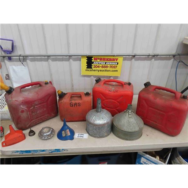 4 Plastic Gas Containers , Assorted Funnels , Co-op Bulk Fuel 
