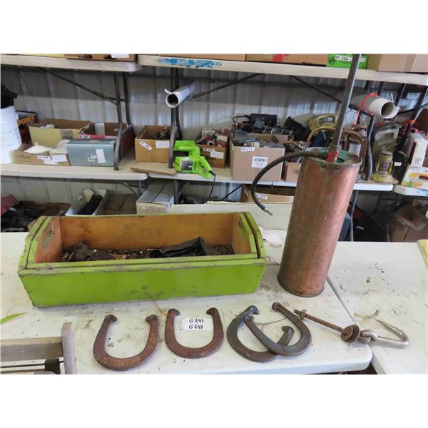 2 Wood Planter Boxes, Horse Shoes, Copper Fire Estinguisher