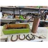 Image 1 : 2 Wood Planter Boxes, Horse Shoes, Copper Fire Estinguisher