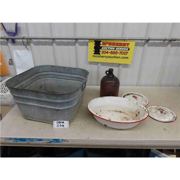 Galvanized Tub, Brown Glass Jug, Enamel Lids, Basin