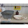 Image 1 : Galvanized Tub, Brown Glass Jug, Enamel Lids, Basin