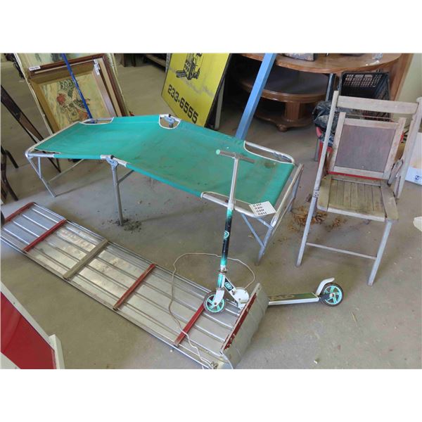 Folding Cot, Folding Wood Chair, Kids Scooter, 6' Aluminum