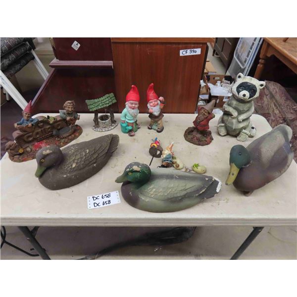 Yard Gnomes , Racoon , Plastic and Rubber Duck Decoys