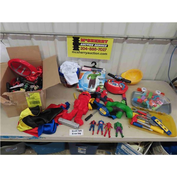 2 Boxes of Assorted Toys : Action Figures, Play Tools, Costumes