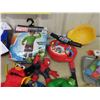 Image 3 : 2 Boxes of Assorted Toys : Action Figures, Play Tools, Costumes