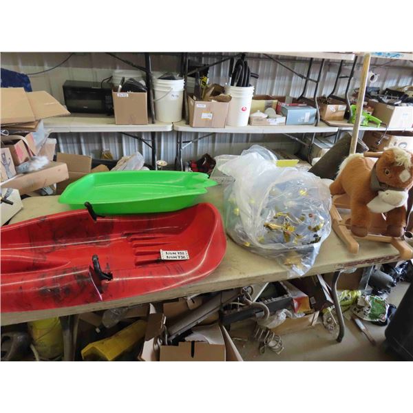 2 Plastic Winter Sleds , Blow Up Kiddie Pool, Rocking Horse