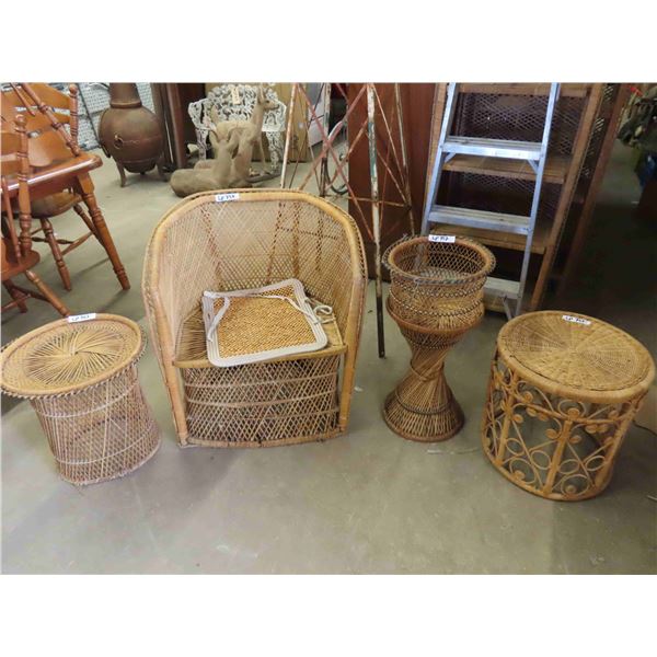 4 Wicker Items : Chair, 2 Tables, Planter Stand