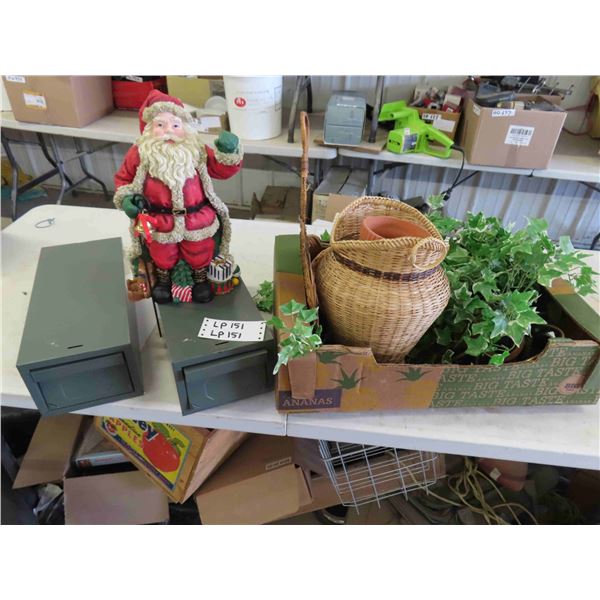 Wicker Planters, Faux Plants, 2 Metal File Index Boxes, Santa Ornament