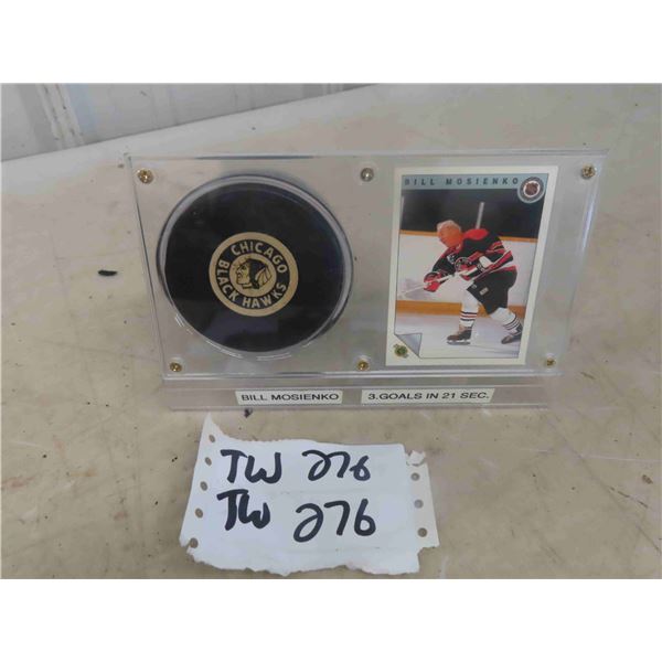 Bill Mosienko Card & Boston Bruins Puck in Display Case