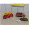 Image 1 : 3 Metal + Tin Trucks ; 'WE' Tin Firetruck, Marx Tin Gravel Truck, Pressed Metal