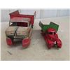 Image 8 : 3 Metal + Tin Trucks ; 'WE' Tin Firetruck, Marx Tin Gravel Truck, Pressed Metal