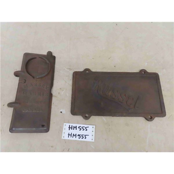 2 Vintage Cast Iron Implement Tool Box Covers ; Massey Harris, Russell