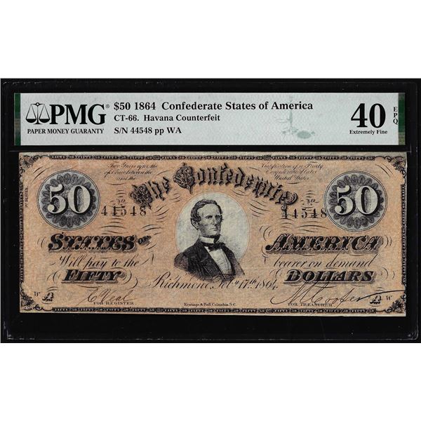 1864 $50 Confederate States Havana Counterfeit Note CT-66 PMG Extremely Fine 40EPQ
