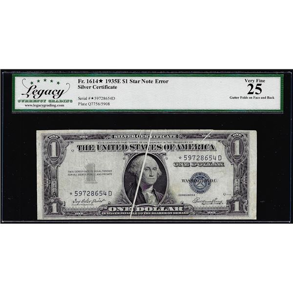 1935E $1 Silver Certificate STAR Note Gutter Fold Error FR.1614 Legacy Very Fine 25