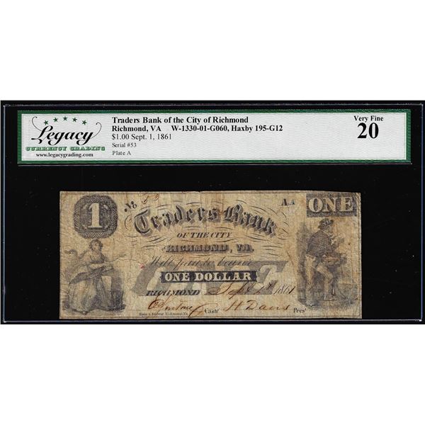 1861 $1 Traders Bank City of Richmond, VA Obsolete Note Legacy Very Fine 20