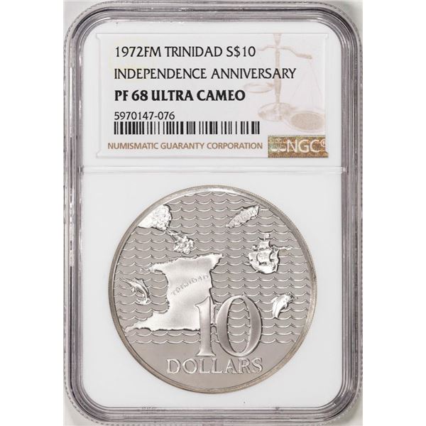 1972FM $10 Trinidad Independence 10th Anniversary Silver Coin NGC PF68 Ultra Cameo