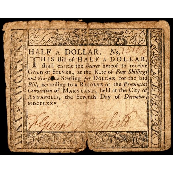December 7, 1775 Maryland $1/2 Colonial Currency Note
