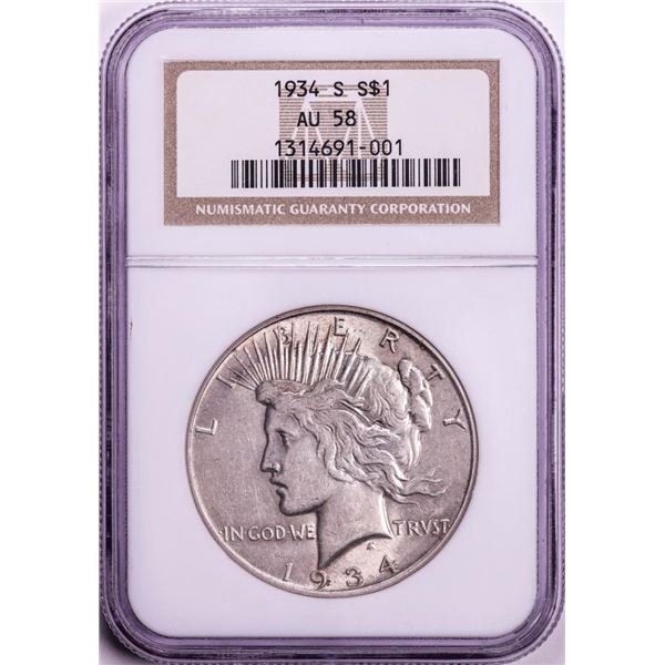 1934-S $1 Peace Silver Dollar Coin NGC AU58