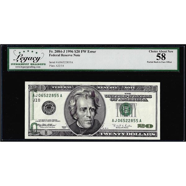 1996 $20 Federal Reserve Partial Back to Face Error Note Legacy Choice About New 58