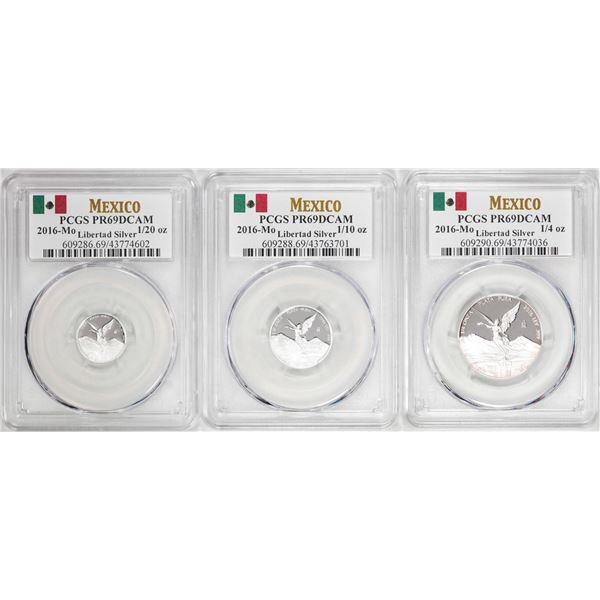 Lot of 2016-Mo Mexico Proof 1/20, 1/10 and 1/4 oz Silver Libertad Coins PCGS PR69DCAM