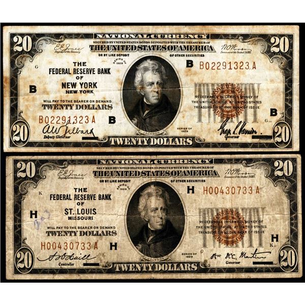 Lot of (2) 1929 $20 Federal Reserve Bank Notes