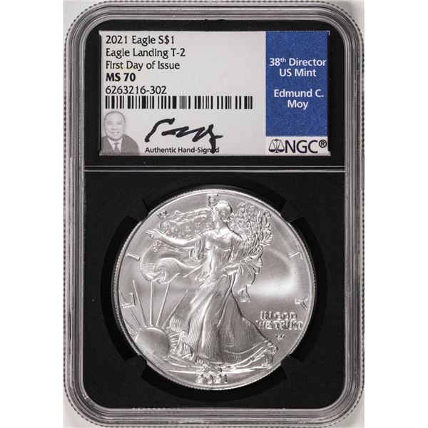 2021 Type 2 $1 American Silver Eagle Coin NGC MS70 FDOI Edmund Moy Signature