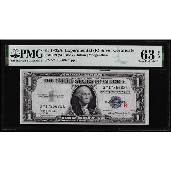1935A $1 Experimental "R" Silver Certificate Note Fr.1609 PMG Ch. Uncirculated 63EPQ
