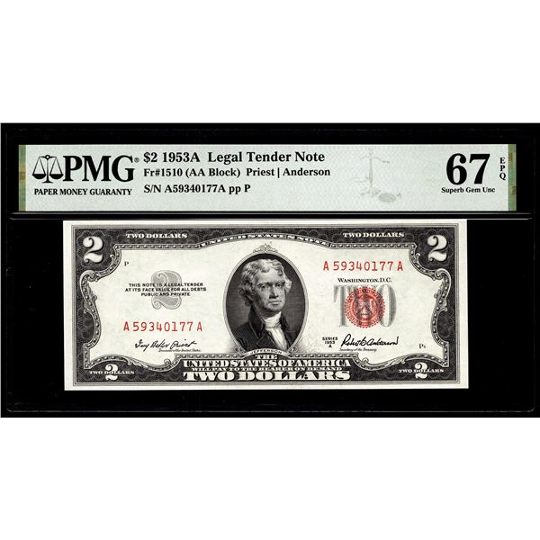 1953A $2 Legal Tender Note Fr.1510 PMG Superb Gem Uncirculated 67EPQ