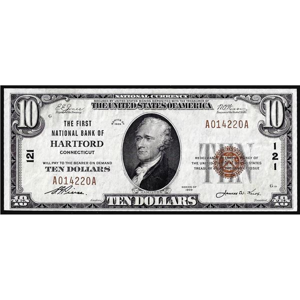 1929 $10 First National Bank of Hartford, CT CH #121 National Currency Note
