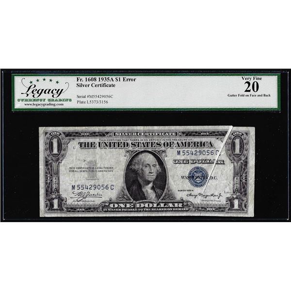 1935A $1 Silver Certificate Note Gutter Fold Error Fr.1608 Legacy Very Fine 20
