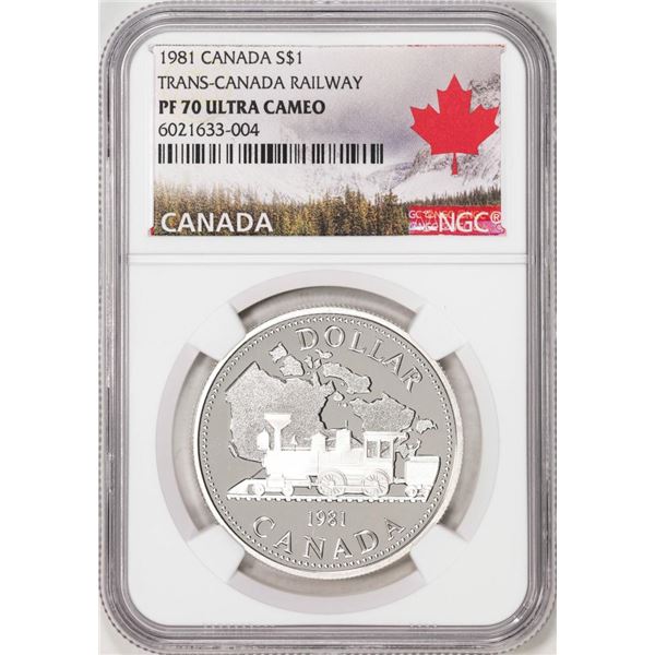 1981 Canada $1 Proof Trans-Canada Railway Silver Dollar Coin NGC PF70 Ultra Cameo