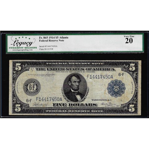 1914 $5 Federal Reserve Note Atlanta Fr.865 Legacy Very Fine 20