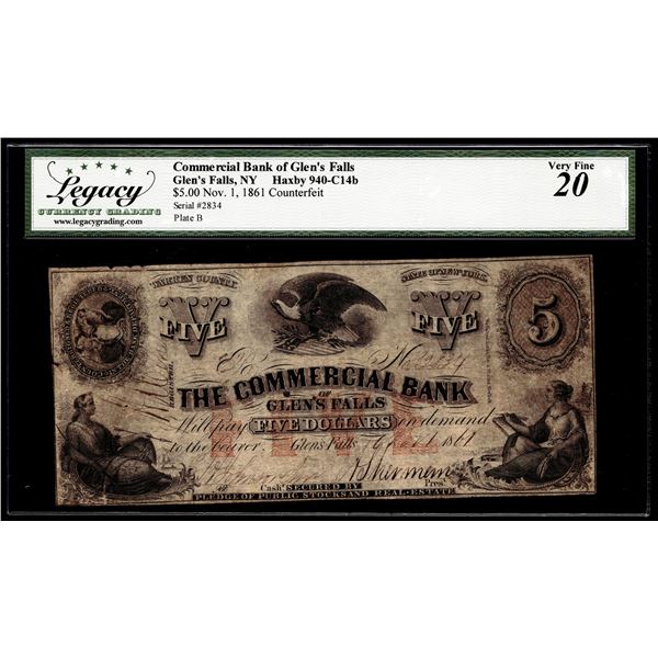1861 Counterfeit Commercial Bank of Glen's Falls NY Obsolete Note Legacy Very Fine 20