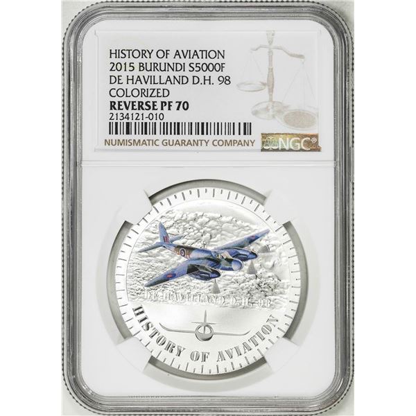 2015 Burundi 5000 Francs History of Aviation De Havilland 98 Silver Coin NGC Rev PF70