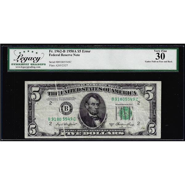 1950A $5 Federal Reserve Note Gutter Fold Error Fr.1962-B Legacy Very Fine 30