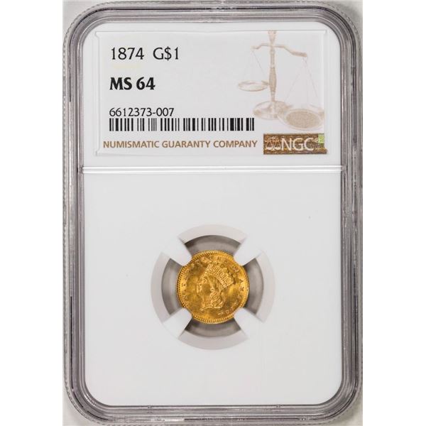 1874 $1 Indian Princess Head Gold Dollar Coin NGC MS64