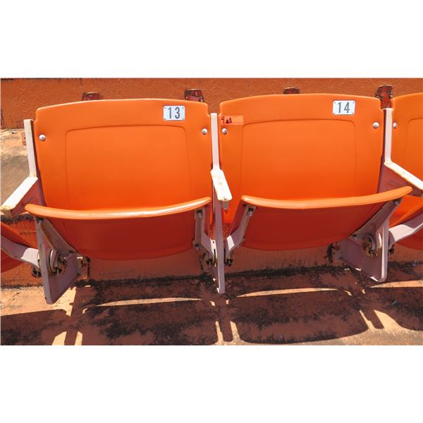 Pair Aloha Stadium Seats w/ Backs & 3 Armrests, Orange, Seats 13 & 14, 45"x13"x28"H