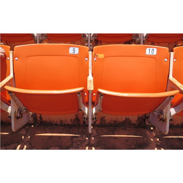 Pair Aloha Stadium Seats w/ Backs & 3 Armrests, Orange, Seats 9 & 10, 45"x13"x28"H